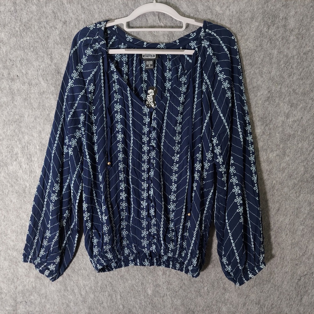 Angie Women Blouse S Navy Boho Floral Embroidered Eyelet Button Peasant Sleeve